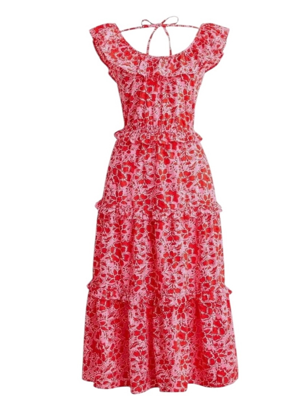 J. Crew Red and White Floral Ruffle Tiered Midi Dress